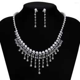 Necklace Earrings Set CZ Cubic Zirconia Pearls Bridal Wedding Earring For Women Prom Jewelry Accessories CN10249