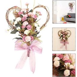 Decorative Flowers Pink Artificial Wreath Carnation Heart-Shaped Silk Ribbon Bow Garland Wall Hanging For Front Door Mother's Day Party