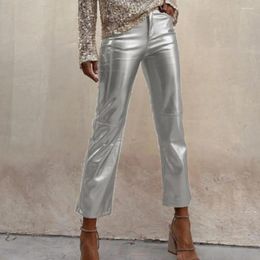 Women's Pants Women Metallic Straight-Leg PU Faux Leather Mid Waist Zipper Breathable Club Party Lady Ninth Pantalones De Mujer