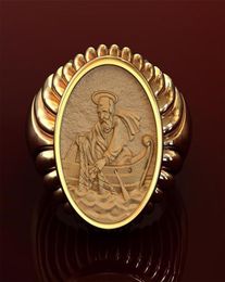 Retro Gold Fisherman Statue Male Ring Punk Fashion Carving Engagement Wedding Rings For Men Anniversary Gift Jewellery Cluster4470286