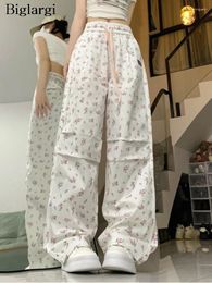 Women's Pants Spring Summer Flower Floral Print Long Cargo Pant Women Korean Style Casual Loose Pleated Ladies Trousers High Waist Woman