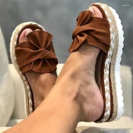 Slippers Women Platform Wedges Sandals 2024 Summer Bow Slipper Medium Heels Shallow Flip-flops Beach Casual Shoes Female Fashion