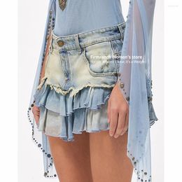 Skirts Firmranch Summer Washed Blue Denim MiniSkirt Patchwork Multi-layer Gradient Chiffon Half Dress Women A-line Tiered Skirt Girls