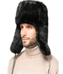 Real Rabbit Fur Trapper Hat Ear flaps Men Russian Ushanka Aviator Hunter Ski Cap4126668