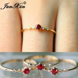 With Side Stones JUNXIN Minimalist Stacking Wedding Thin Rings For Women Yellow Gold Filled Small White Red Crystal Stone Zircon Eternity