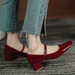 Womens Red Black Mary Janes Shoes High Quality Leather Low Heel Dress Shoes Square Toe Shallow Buckle Strap Womens Shoes 240424