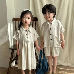 Clothing Sets 2024 Summer Clothes Brother Sister Outfits Girl Children Linen Solid Short Sleeve Dress Boy Baby Loose Casual Tops Shorts 2pcs