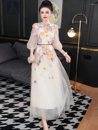 Party Dresses AELESEEN Runway Fashion Long Dress Women Summer Sweety 3D Appliques Flower Embroidery See-Throught Lantern Sleeve Elegant
