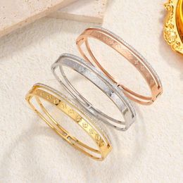 Bangle For Women Fashion Embossed Flower Pattern Hollow Luxury Inlaid Zircon Stainless Steel Gold Plated Jewellery Bracelets Gifts