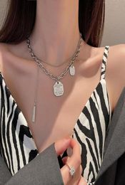 Hip Hop Chains Double Layer Clavicle Chain Silver Color Rectangle Pendant Metal Necklace For Women Girls Jewelry Gifts5116022