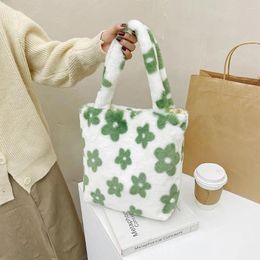 Totes Flower Print Bags For Women Soft Plush Shoulder Female Large Capacity Travel Bag Winter Warm Fluffy Pouch