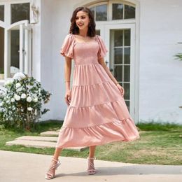 Casual Dresses Women Dress Shrot Sleeve Elegant Square Neck Midi With Bubble Sleeves Pleated Patchwork Detail For Beach