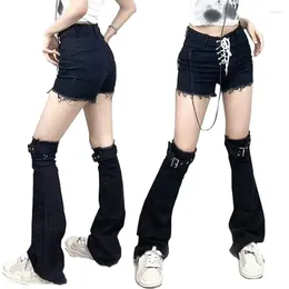 Women Socks Black Leg Warmer Y2K Eyelet Strap Distressed Jeans Cover Flared