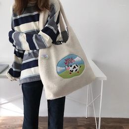 Bag Hylhexyr Plush Tote Women Shoulder Bags Girl Handbag Cow Embroidery Cartoon Cute Purse Winter Cashmere Hand