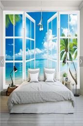 3D po Wallpaper blue sky white clouds coconut tree beach seaview mural wallpaper 3d for Living Room Bedroom papel de parede4743123