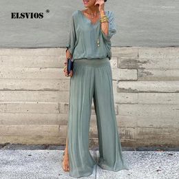 Women's Two Piece Pants Summer Casual Solid Colour Chiffon Sets For Women Fashion Elegant Half Sleeves Blouses Loose Long Streetwear