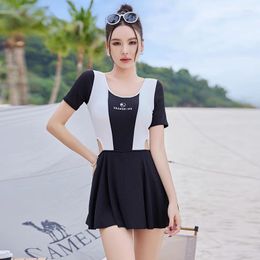 Women's Swimwear Swimsuit Women Short Sleeve With Skirt One Piece Patchwork Monokini Push Up Korea Style Bathing Suit Swim Dress 2024