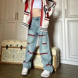 Women's Jeans Y2k Letter Embroidered Woman High Waist Streetwear Straight Baggy Pants Korean Fashion Women's Denim Trend Trousers