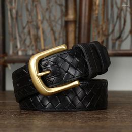 Belts 3.8CM Pure Cowhide Weaving High Quality Designer Genuine Leather For Men Strap Male Copper Buckle Jeans Cowboy
