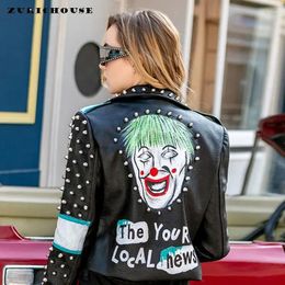 Women's Leather Slim Zipper Cropped Motorcycle Jacket Women 2024 Streetwear Punk Studded Print Faux Jackets Female XXXL