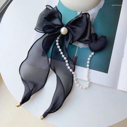 Brooches Korean Balck Ribbon Chiffon Bow Tie Pearl Tassel For Women College Style Shirt Collar Pins Necktie Fashion Jewelry