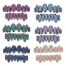 14K Colourful CZ Vampire Teeth Grillz Iced Out Micro Pave Cubic Zircon 8 Tooth Hip Hop Grill Top Bottom Grillz Teet Green Purple6666152