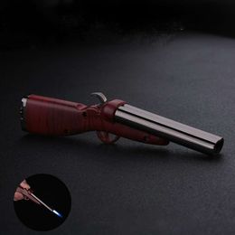 Creative Wood Grain Without Gas Lighter Double Fire Windproof Blue Flame Gun Shaped Cigarette Lighter