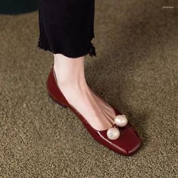Casual Shoes 2024 Spring Wine Red Pearl Flat Soft Leather Women's Single With Skirt Low Heel French Square Head Wedding