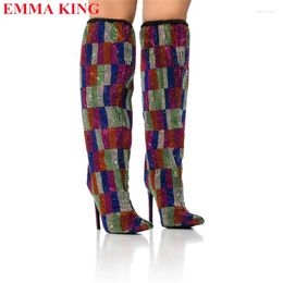 Boots Multicolor Rhinestone Embellished Knee High Luxury Bling Crystal Pointed Toe Long Women Pleated Heel Shoes 2024