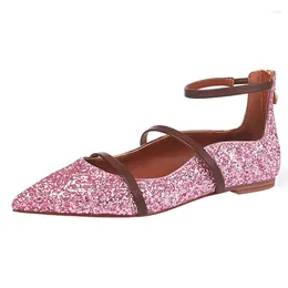 Casual Shoes Chic Lady Three Straps Pink Bling Instep Cut Flats Women Pointy Toe Mixed Colors Ballet Flat Velvet Loafer