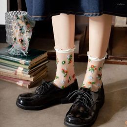 Women Socks Rose Flower Glass Silk Soft Mesh Thin Calf Female Hosiery Y2K Transparent Summer