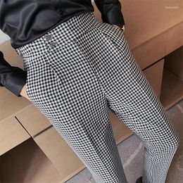 Men's Suits Houndstooth Personalised Belt Design Suit Pants Men Casual Business Dress Wedding Groom Office Trousers Social Streetwear