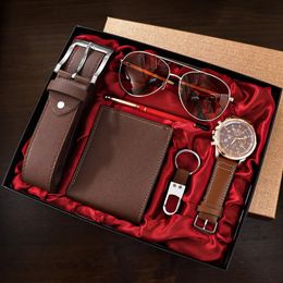 SHAARMS Men Gift Watch Business Luxury Company Mens Set 6 in 1 Watch Glasses Pen Keychain Belt Purse Welcome Holiday Birthday 240426
