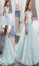 Glitz Lace Flower Girl Dresses With Short Sleeves Butterfly Appliques Graduation Girls Pageant Dress Sheer Back Buttons Kids Weddi8679180