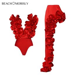 2024 Womens Swimsuit and Skirt two pieces Sexy Red 3D Flower One Piece bikini set Swimwear beach dress Bathing Suit Monokini 240426