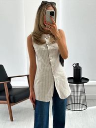Women's Vests Fashion Linen Stripe 2024 Elegant O-neck Sleeveless Waistcoat Female Casual Single Breasted Pockets Lady Chic Tops