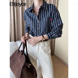 Women's Blouses ENjoyce Women Embroidery Hearted Vertical Stripes Shirts Ladies Workwear Blogger Style Loose Blouse Long Sleeve Top Spring