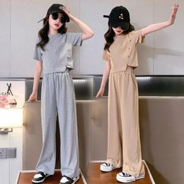 Clothing Sets Summer Teenage Girls Children Fashion Sports Tops Wide Leg Pants 2Pcs Outfits Kids Tracksuit 6 8 10 12 14 Years