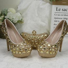 Dress Shoes Women Champagne Gloden Crystal Bride Wedding Shoe And Bag Set Bridesmaid Party Flower Pointed Toe High Heels