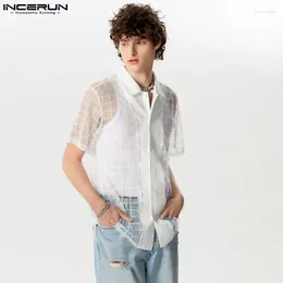 Men's Casual Shirts INCERUN Tops 2024 American Style Sexy Mens Chequered Mesh Perspective Thin Short Sleeved Blouse S-5XL