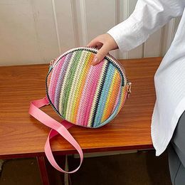 Shoulder Bags Striped Knitted Bag For Women Weaving Round Female Pouch Ladies Wide Strap Crossbody Chest Travle Handbag