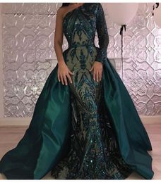 2017 OneShoulder Ball Gown Evening Dresses Illusion Single Shoulder Sleeve Sequins Floor Length Prom Gowns With A Big Overskirt6547553