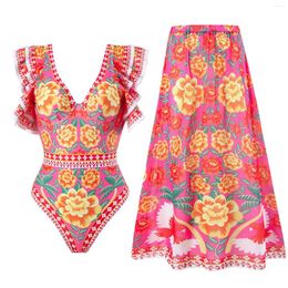 Women's Swimwear Womens Cotton Underwear Bikini 3x Swimsuit With Beach Cover Up Wrap Skirt Sarong Retro Floral Print Tropical
