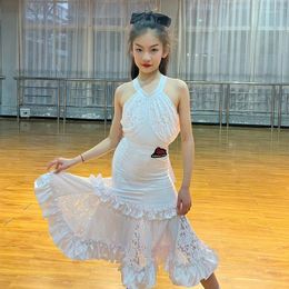 Stage Wear Fairy White Bow Lace Ballroom Dance Dress For Girls Prom Waltz Performance Costume Kids Practise Clothes DNV19484