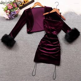 Work Dresses Vintage Sexy Outfits Korean Temperament 2 Piece Set Women Furry Sleeve Crop Tops Drawstring Bodycon Mini Dress Suit Velvet Sets