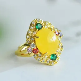 Cluster Rings Natural Amber Ring Women Fine Jewelry Genuine Healing Gemstone Baltic Colorful Zircon Luxury Wedding Adjustable