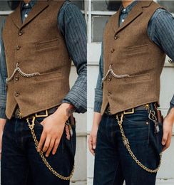 2021 Latest Farm Wedding Wool Herringbone Tweed Vests Dark Brown Groom Vest Slim Fit Mens Suit Vest Prom Wedding Waistcoat Dress3646806