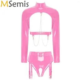 Women's Swimwear Womens Two Piece Lingerie Set Wet Look Patent Leather Cutout Chains Zipper Crop Top With High Waist Open Crotch Garter