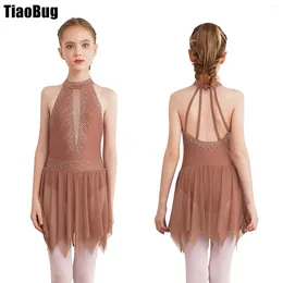 Stage Wear Kids Girls Figure Ice Skating Dance Leotard Dress Backless Asymmetrical Mesh Skirt Shiny Rhinestone Costume