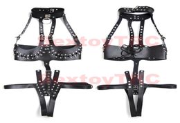 Sexy Open Crotch Breast Body Harness Crotchless Dominatrix Costume Faux Leather Black Studded BDSM Bondage Corset Straps for Femal5820299
